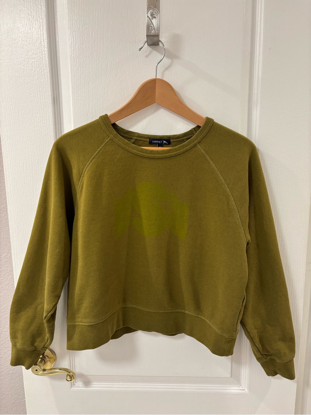 soeur Apollo Monogram Olive Crewneck Cropped Sweatshirt EU 42
